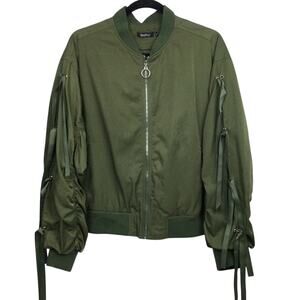 Boohoo Flight-Style Bomber Festival Eyelet Laced Ribbon Ruched Sleeve Jacket 12